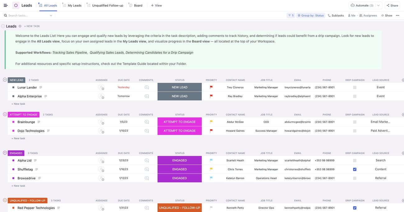 Pipeline comercial do modelo CRM em ClickUp