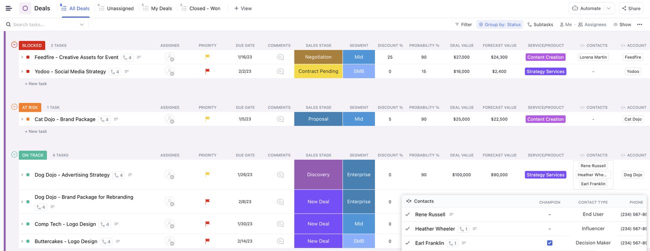 Lista de leads com origem e valor no CRM ClickUp