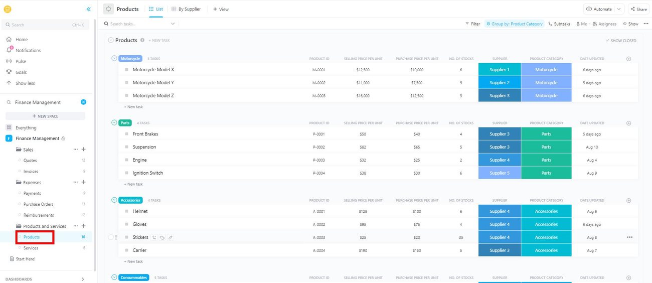 Dashboard financeiro real em ClickUp